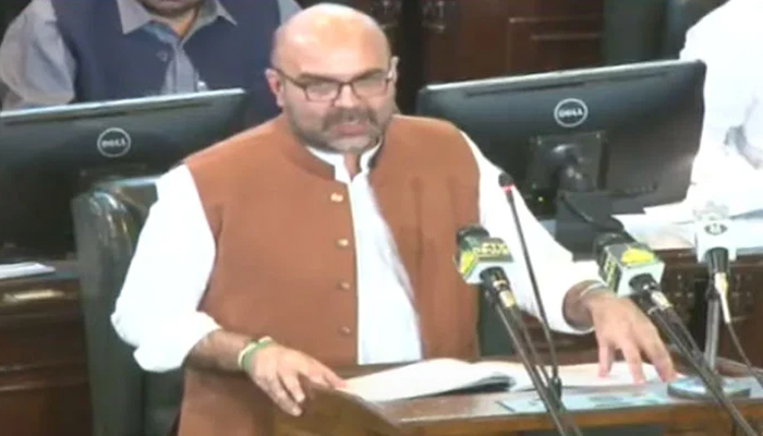 Khyber Pakhtunkhwa Minister Taimur Saleem Khan Jhagra is presenting the provincial budget for the fiscal year 2022-23. — YouTube