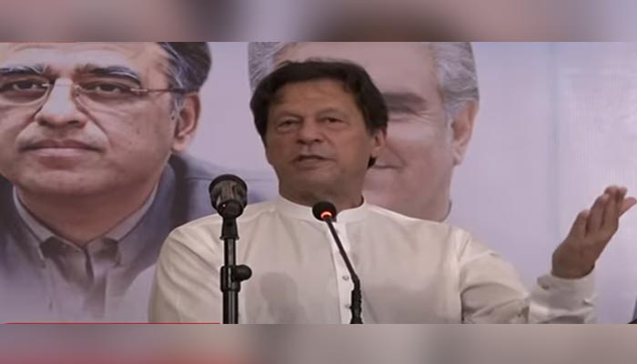 PTI Chairman Imran Khan addressing the farmers convention in Islamabad on June 13, 2022. — Screengrab/Hum News Live
