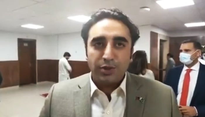 Foreign Minister Bilawal Bhutto-Zardari speaks to journalists at the Parliament on June 13, 2022. — Screengrab/ PPP YouTube