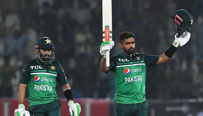 Pakistan captain Babar Azam (R) celebrates after scoring a century against the West Indies last week.—AFP