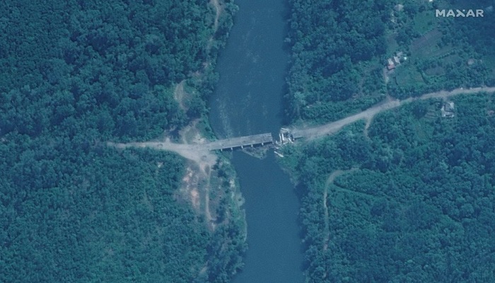 A satellite image shows a close up view of a damaged bridge, in Rubizhne, Ukraine June 11, 2022.—Reuters