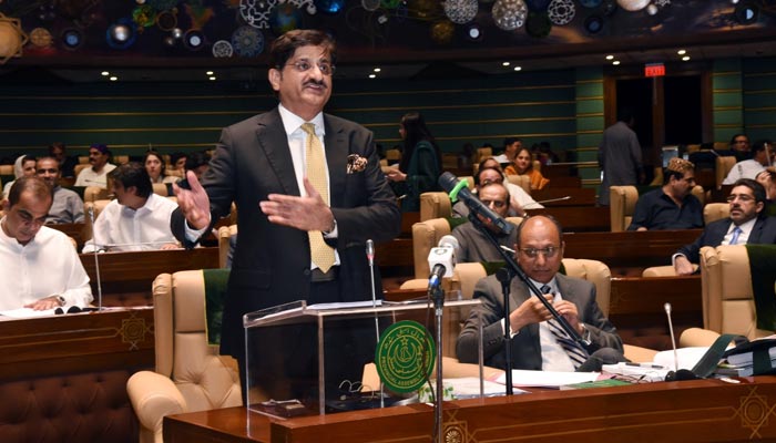 Chief Minister Murad Ali Shah unveils the provincial budget on June 14, 2022, amid ruckus in the provincial assembly. — CM House