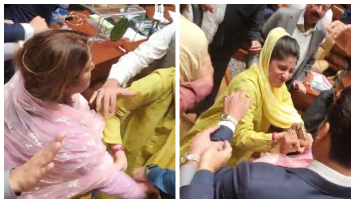 PPP lawmakers and PTI leader Dua Bhutto get into an altercation at the Sindh Assembly in Karachi, on June 14, 2022. — Rana Javaid