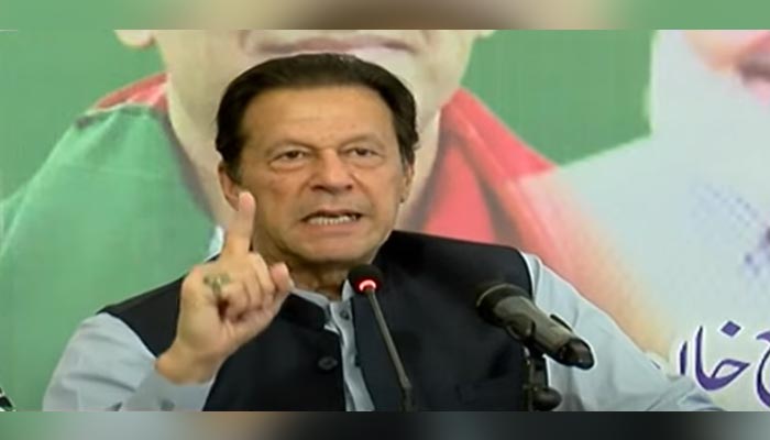 PTI Chairman Imran Khan Addressing a conference in Khyber Pakhtunkhwa House in Islamabad on June 14, 2022. — Screengrab via YouTube/ Hum News Live