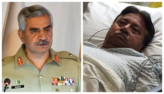 Inter-Services Public Relations (ISPR) Director General Major General Babar Iftikhar address a press conference in this undated photo (left) and former army chief Pervez Musharraf lies on a hospital bed in this undated photo. — ISPR/Twitter/File