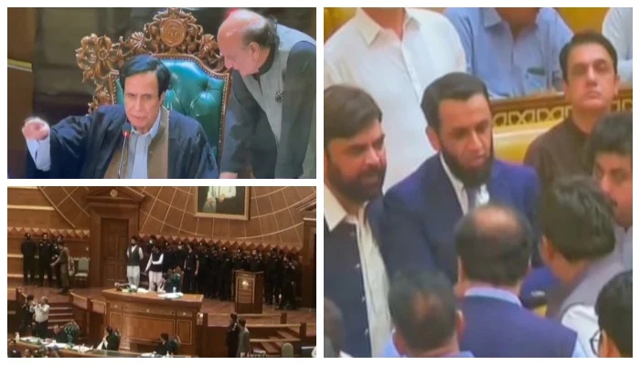 In this collage, an overview of the situation in the Punjab Assembly can be seen. Screengrabs taken on June 13, 2022. — Geo News