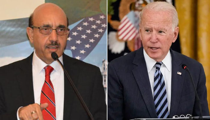 Pakistan envoy to Washington Masood Khan (left) and US President Joe Biden. Photo — Embassy of Pakistan in USA - AFP