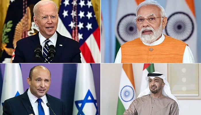 A collage of US President Joe Biden (top left), Indian Prime Minister Narendra Modi (top right) Israeli President Naftali Bennett (bottom left) and UAE President Mohamed Bin Zayed Bin Al Nahyan (bottom right).