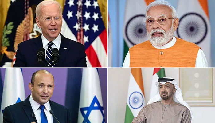 A collage of US President Joe Biden (top left), Indian Prime Minister Narendra Modi (top right) Israeli PresidentNaftali Bennett (bottom left) and UAE President Mohamed Bin Zayed Bin Al Nahyan (bottom right).