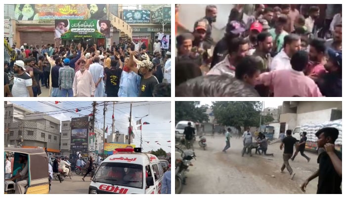 The photo collage shows violence and political activities taking place during the NA-240 by-election in Karachis Korangi and Landhi areas, on June 16, 2022. — Photos by Zia ur Rehman