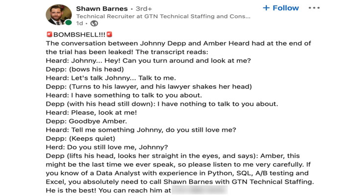 Recruiter faces backlash for fake Johnny Depp, Amber Heard testimony ad
