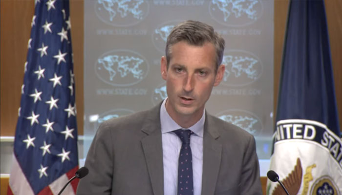 US state department spokesperson Ned Price speaking during press briefing. Photo— state department YouTube