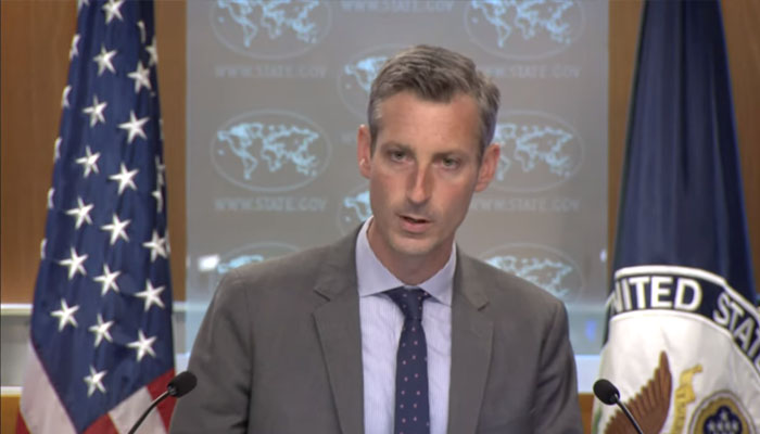 US state department spokesperson Ned Price speaking during press briefing. Photo—state department YouTube