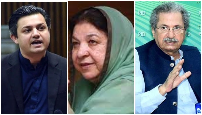 PTI leaders Hammad Azhar (L), Yasmin Rashid (C), Shafqar Mahmood (R)