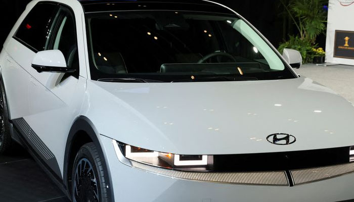 he award for 2022 World Car of the Year award winner Hyundai IONIQ 5 is pictured at the New York International Auto Show, in Manhattan, New York City, U.S., April 13, 2022 — Reuters