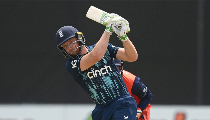 Jos Butler smashes a shot during the first ODI atVRA Cricket Ground inAmstelveen, on June 17, 2022. — Twitter/ICC