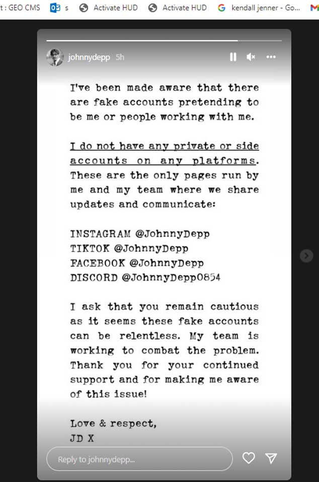 Johnny Depp shares important message for fans amid surge in fake profiles pretending to be him