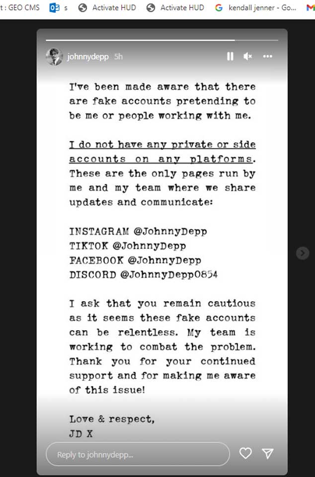 Johnny Depp warns fans of 'fake' social media accounts pretending to be him