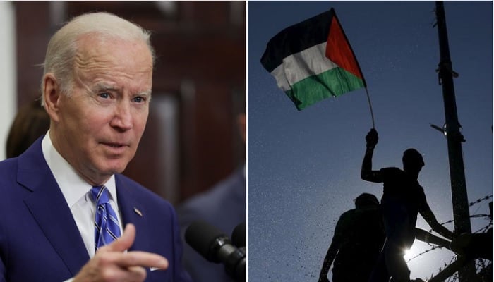 US President Joe Biden (left), a man holding the Palestinian flag (right).—Reuters