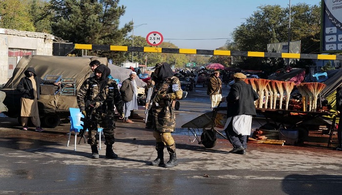 Taliban fighters stand as they hold a checkpoint in Kabul, Afghanistan November 5, 2021. — Reuters