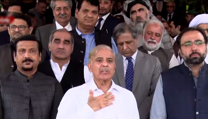 Prime Minister Shehbaz Sharif speaking to media after the cabinet meeting. — Geo News screengrab