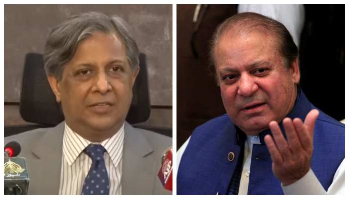 Federal Minister for Law Azam Nazeer Tarar speaks during a press conference in Islamabad, on June 21, 2022 (left) and Nawaz Sharif, former prime minister and supremo of PML-N gestures during a news conference in Islamabad, Pakistan May 10, 2018. — YouTube/Reuters