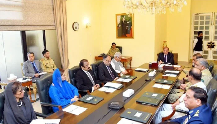Civil-military leadership of the country attend a National Security Committee meeting on Friday under the chairmanship of Prime Minister Shehbaz Sharif. — Twitter/ PMs Office