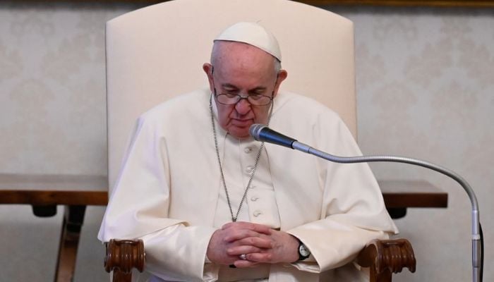 Pope Francis holds a weekly general audience in the library of the Apostolic Palace at the Vatican, April 28, 2021.—Reuters