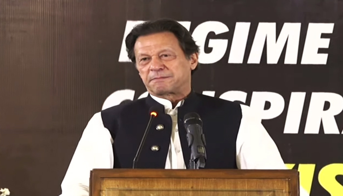 PTI Chairman Imran Khan addressing a seminar on “Regime Change Conspiracy & Pakistans Destabilization” in Islamabad, on June 22, 2022. — YouTube/PTI
