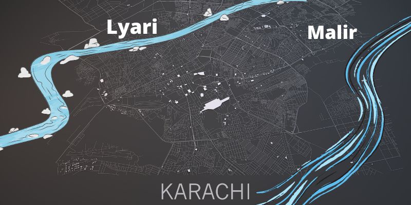 The storm water drains (nullas) in Karachi are two seasonal rivers, the Lyari and the Malir. Illustration — Sana Batool