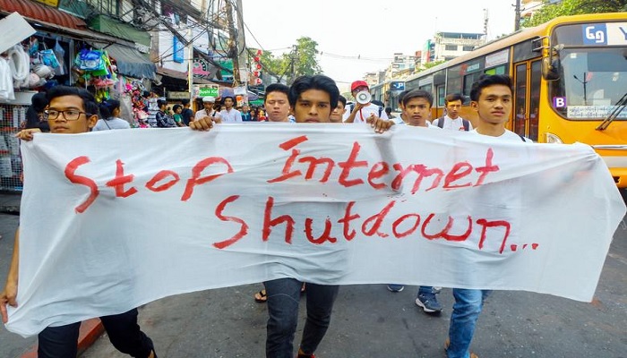 Protesters march against internet shutdown in Rakhine state in Yangon, Myanmar, February 23, 2020. Picture taken February 23, 2020. — Reuters