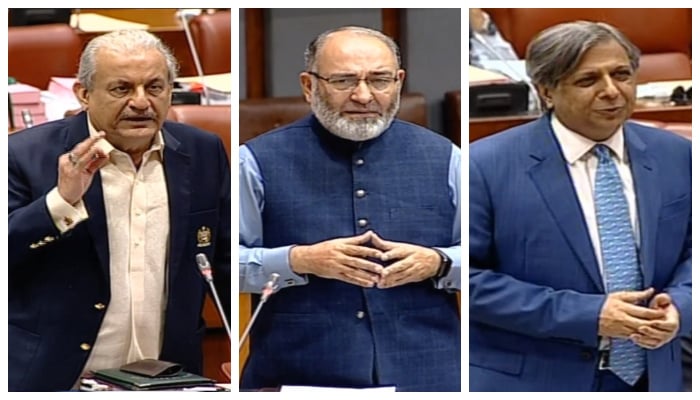 (L to R) PPP Senator Raza Rabbani, JI Senator Mushtaq Ahmed, and Law Minister Senator Azam Nazeer Tarar speaking on the floor of the Senate in Islamabad, on June 23, 2022. — YouTube/PTVParliament