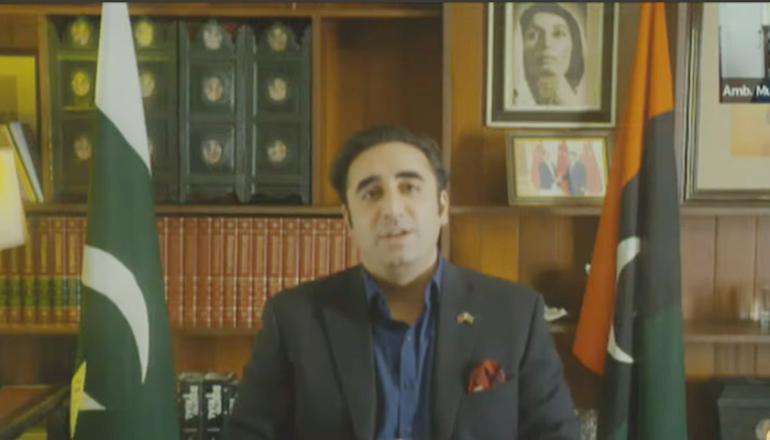 Foreign Minister Bilawal Bhutto-Zardari speaks during his virtual address to the Group of Friends on Countering Disinformation meeting, on June 23, 2022. — YouTube/PTVNews