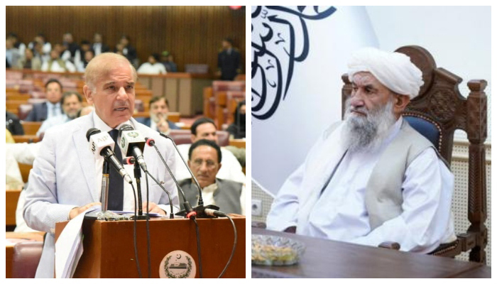 Prime Minister Shehbaz Sharif (left) and Acting Prime Minister of Afghanistan Mullah Muhammad Hassan Akhund. — Reuters/Twitter/File