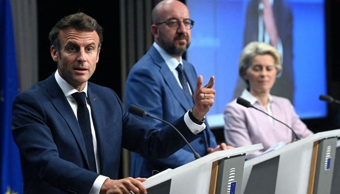 France’s President Emmanuel Macron, (L) President of the European Council Charles Michel and President of the European Commission Ursula von der Leyen attend a press conference during an European Council in Brussels on Thursday. Photo—AFP
