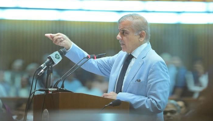 Prime Minister Shehbaz Sharif addresses the National Assembly of Pakistan. — Twitter/File