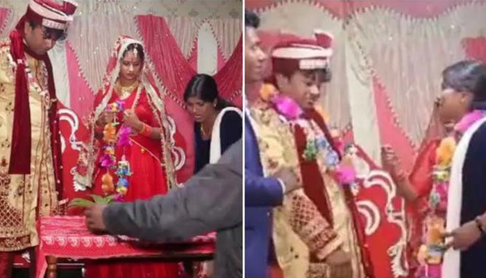 The picture shows bride, groom and sister-in-law during the garland exchanging ceremony. — Screengrab/Twitter