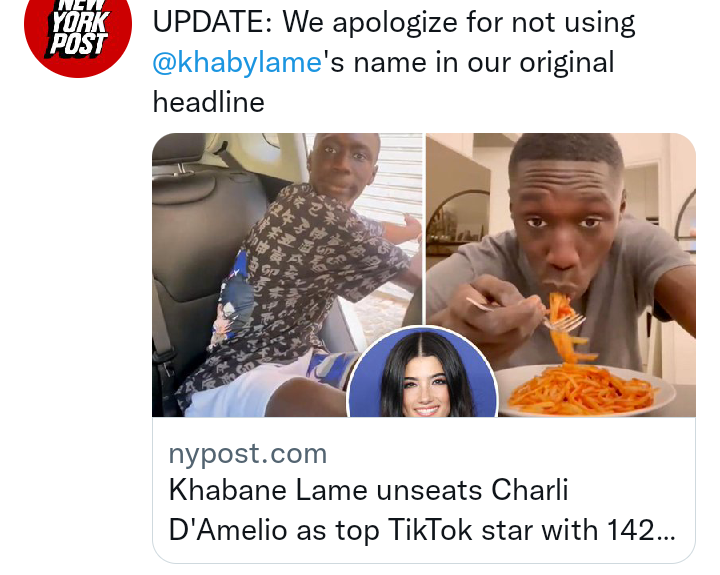 US newspaper apologises over headline regarding TikToker Khabane