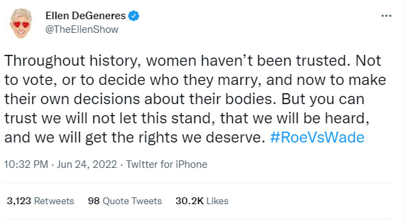 Ellen De Generes condemns US Court ruling on ending abortion rights: Photo