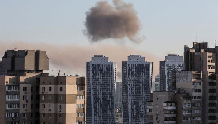 Smoke rises after a missile strike in Kyiv, Ukraine, June 26, 2022. &mdash; Reuters