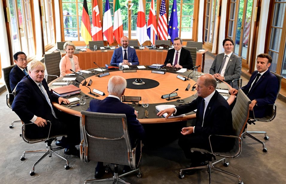 German Chancellor Olaf Scholz, US President Joe Biden, British Prime Minister Boris Johnson, Japans Prime Minister Fumio Kishida, European Commission President Ursula von der Leyen, European Council President Charles Michel, Italys Prime Minister Mario Draghi, Canadas Prime Minister Justin Trudeau and Frances President Emmanuel Macron attend a round table for their first working session of G7 group at Bavarias Schloss Elmau Castle, near Garmisch-Partenkirchen, Germany June 26, 2022. — Reuters