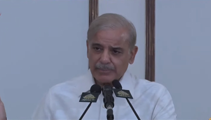 Prime Minister Shehbaz Sharif addressing ruling parties members of National Assembly in Islamabad, on June 27, 2022. — YouTube/PTVNews