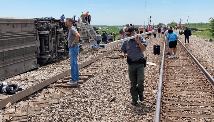 Accident sits after an Amtrak passenger train derailed on Monday, June 27, 2022. Photo— Daily Beast/ Ron Goulet