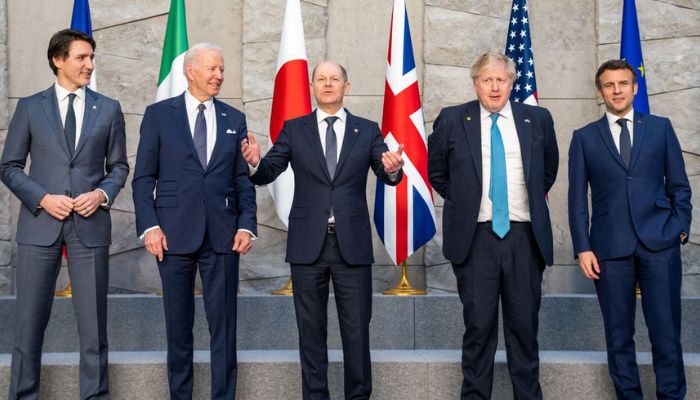 Canadas Prime Minister Justin Trudeau, U.S. President Joe Biden, German Chancellor Olaf Scholz, Britains Prime Minister Boris Johnson and Frances President Emmanuel Macron pose for a family photo during the G7 summit in Brussels, Belgium, March 24, 2022.—Reuters