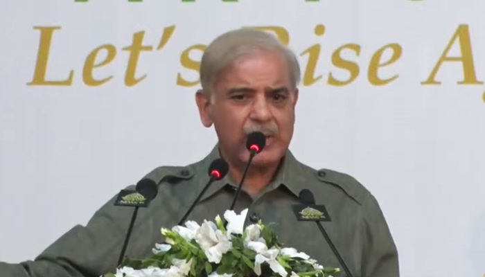 Prime Minister Shehbaz Sharif addressing the Turnaround Pakistan conference, in Islamabad, on June 28, 2022. — PTV screengrab