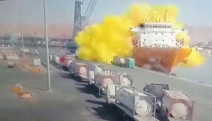 CCTV footage shows a storage tank containing chlorine gas crashing into a ship after falling from a winch, in Aqaba, Jordan June 27, 2022, in this still image taken from a handout video. — Reuters
