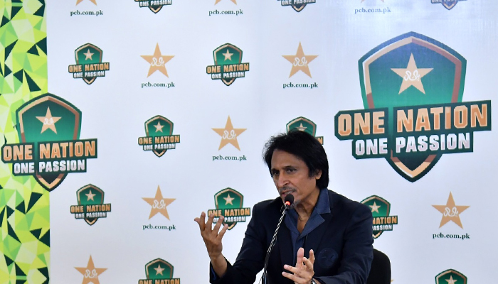 Pakistan Cricket Board (PCB) Chairman Ramiz Raja addressing a press conference in Karachi, on June 29, 2022. — PCB