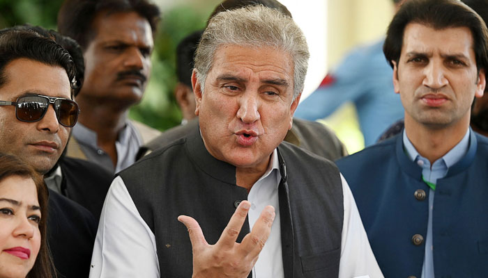 PTI Vice-Chairman Shah Mahmood Qureshi speaking to the media. — AFP/File