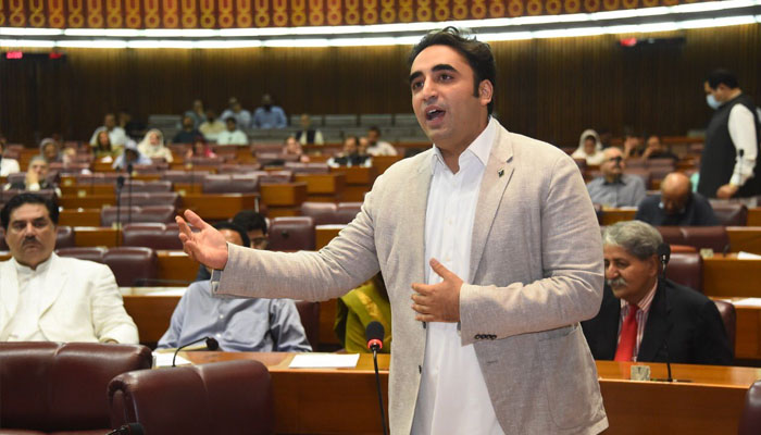 Foreign Minister Bilawal Bhutto Zardari speaking in National Assembly. Photo—PPP Twitter