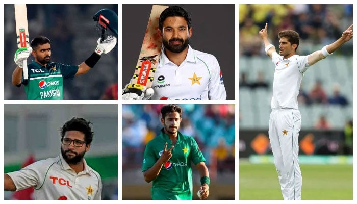 Pakistan’s all-format captain Babar Azam (top left), Mohammad Rizwan (top cente) Shaheen Shah Afridi (right), Imam-ul-Haq (bottom right) and Hasan Ali (bottom centre). — PCB/AFP